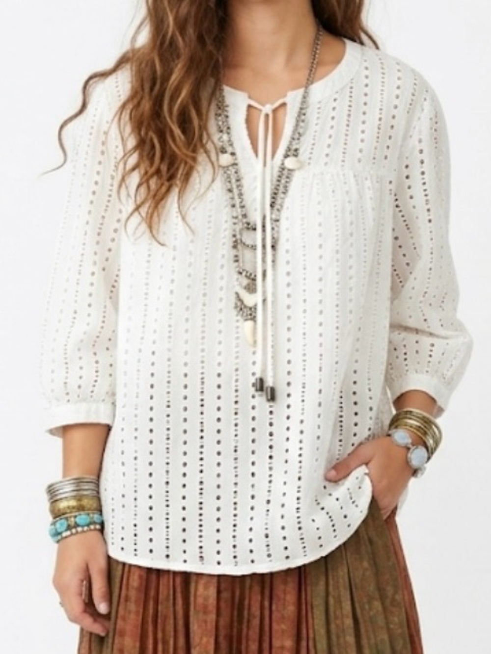a.n.a White Eyelet Tie-Neck Blouse